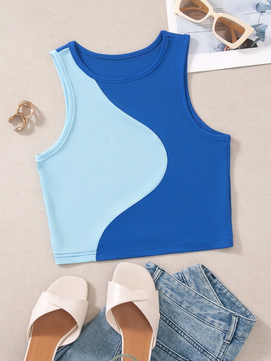 SHEIN Unity 拼色罗纹针织背心 图案 T 恤 女式上衣 - 彩色 - 查看 1