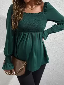 SHEIN Maternity Shirred Frill Trim Flounce Sleeve Peplum Blouse - Dark Green - View 1