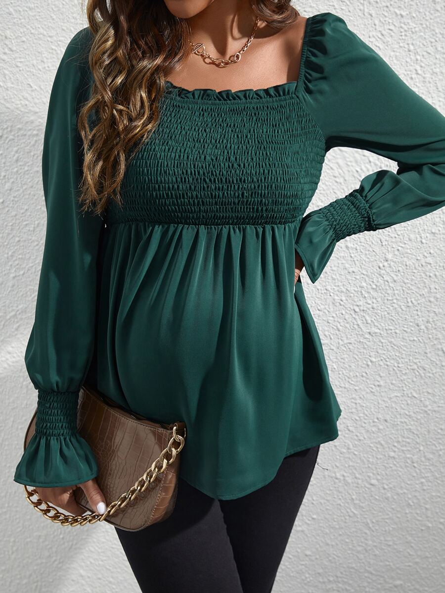 SHEIN Maternity Shirred Frill Trim Flounce Sleeve Peplum Blouse - Dark Green - View 1
