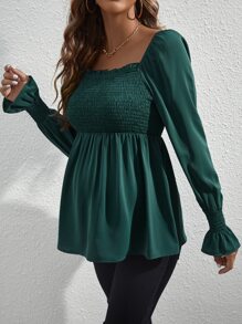 SHEIN Maternity Shirred Frill Trim Flounce Sleeve Peplum Blouse - Dark Green - View 3