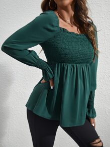 SHEIN Maternity Shirred Frill Trim Flounce Sleeve Peplum Blouse - Dark Green - View 4