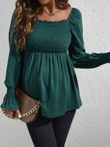SHEIN Maternity Shirred Frill Trim Flounce Sleeve Peplum Blouse - Dark Green - View 5