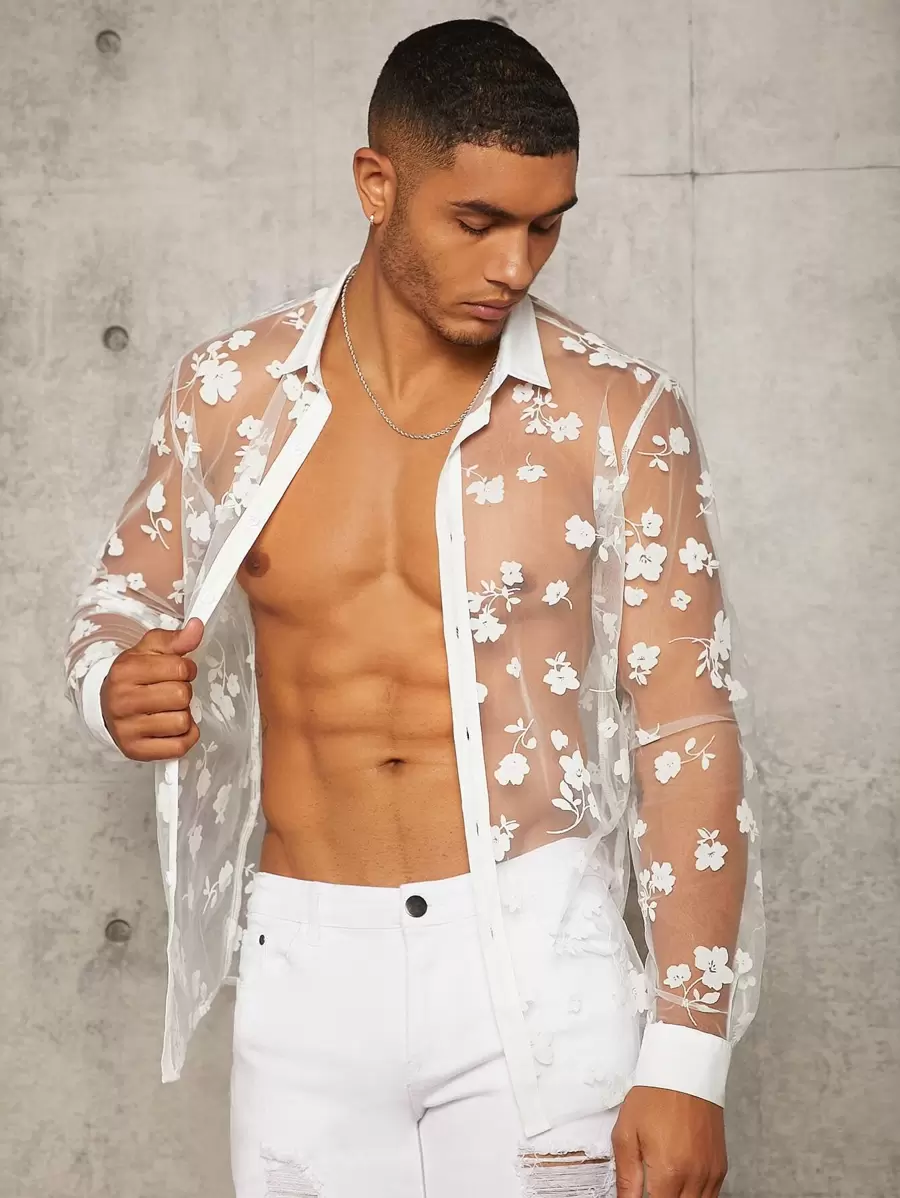Manfinity Fever City 男士花卉印花透視長袖鈕扣純色性感襯衫，男友禮物 - 白色 - 查看 1