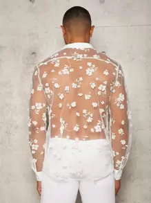 Manfinity Fever City 男士花卉印花透視長袖鈕扣純色性感襯衫，男友禮物 - 白色 - 查看 2