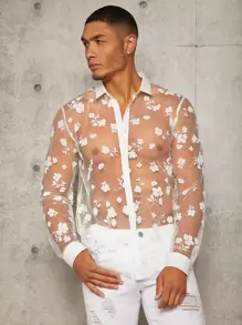 Manfinity Fever City 男士花卉印花透視長袖鈕扣純色性感襯衫，男友禮物 - 白色 - 查看 3