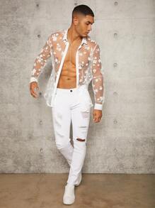 Manfinity Fever City 男士花卉印花透視長袖鈕扣純色性感襯衫，男友禮物 - 白色 - 查看 4