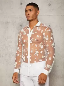 Manfinity Fever City 男士花卉印花透視長袖鈕扣純色性感襯衫，男友禮物 - 白色 - 查看 5