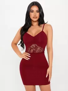 SHEIN PETITE Contrast Lace Ruched Cami Dress - Burgundy - View 1