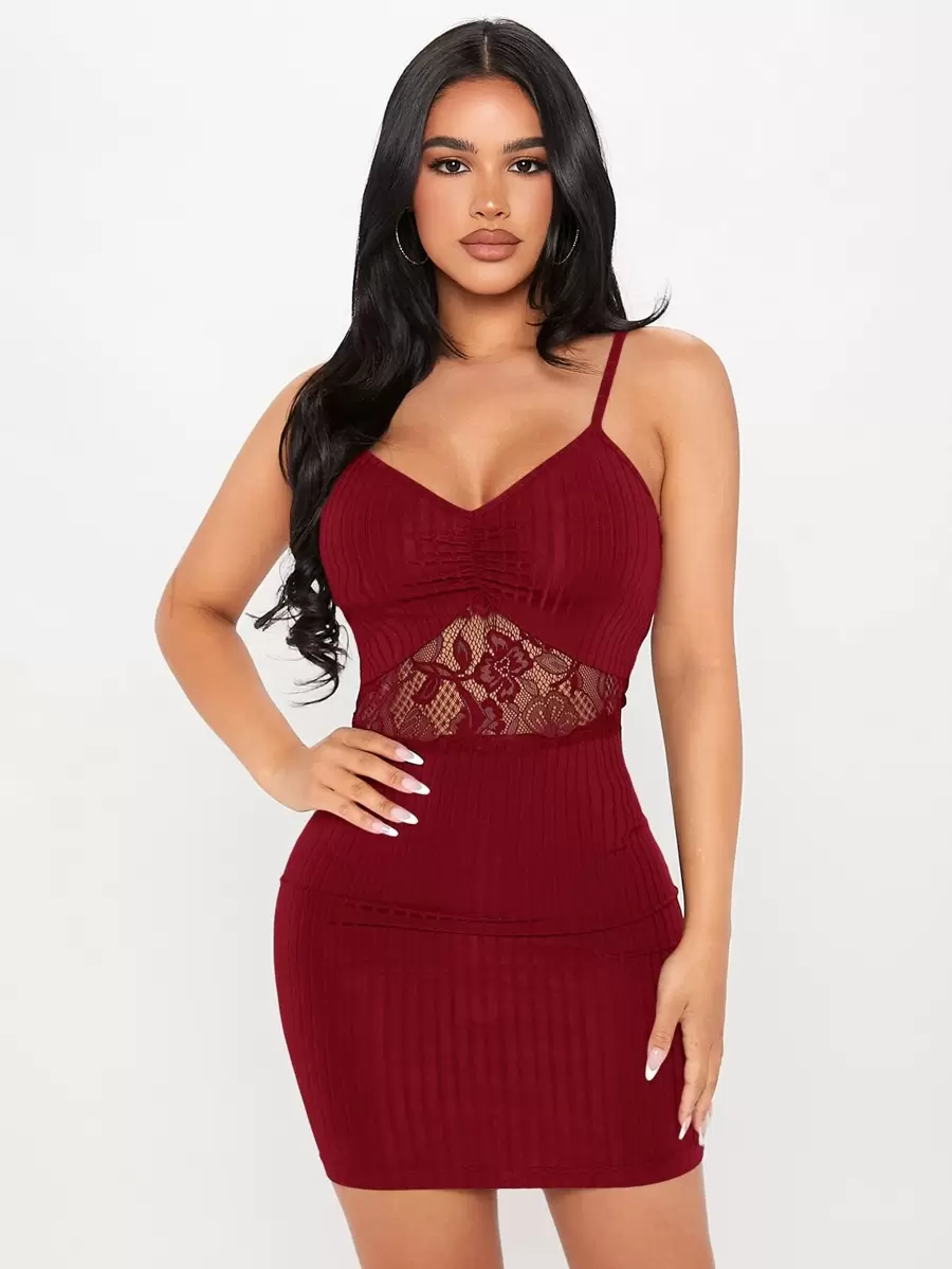 SHEIN PETITE Contrast Lace Ruched Cami Dress - Burgundy - View 1
