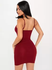 SHEIN PETITE Contrast Lace Ruched Cami Dress - Burgundy - View 2