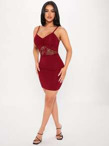 SHEIN PETITE Contrast Lace Ruched Cami Dress - Burgundy - View 3