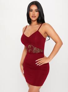 SHEIN PETITE Contrast Lace Ruched Cami Dress - Burgundy - View 4