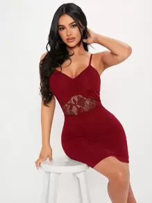 SHEIN PETITE Contrast Lace Ruched Cami Dress - Burgundy - View 5