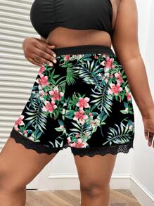 SHEIN Swim Curve Summer Beach Plus Tropical Print Lace Trim Bikini Bottom - Multicolor - View 1