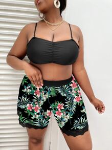 SHEIN Swim Curve Summer Beach Plus Tropical Print Lace Trim Bikini Bottom - Multicolor - View 3