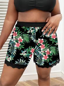 SHEIN Swim Curve Summer Beach Plus Tropical Print Lace Trim Bikini Bottom - Multicolor - View 5