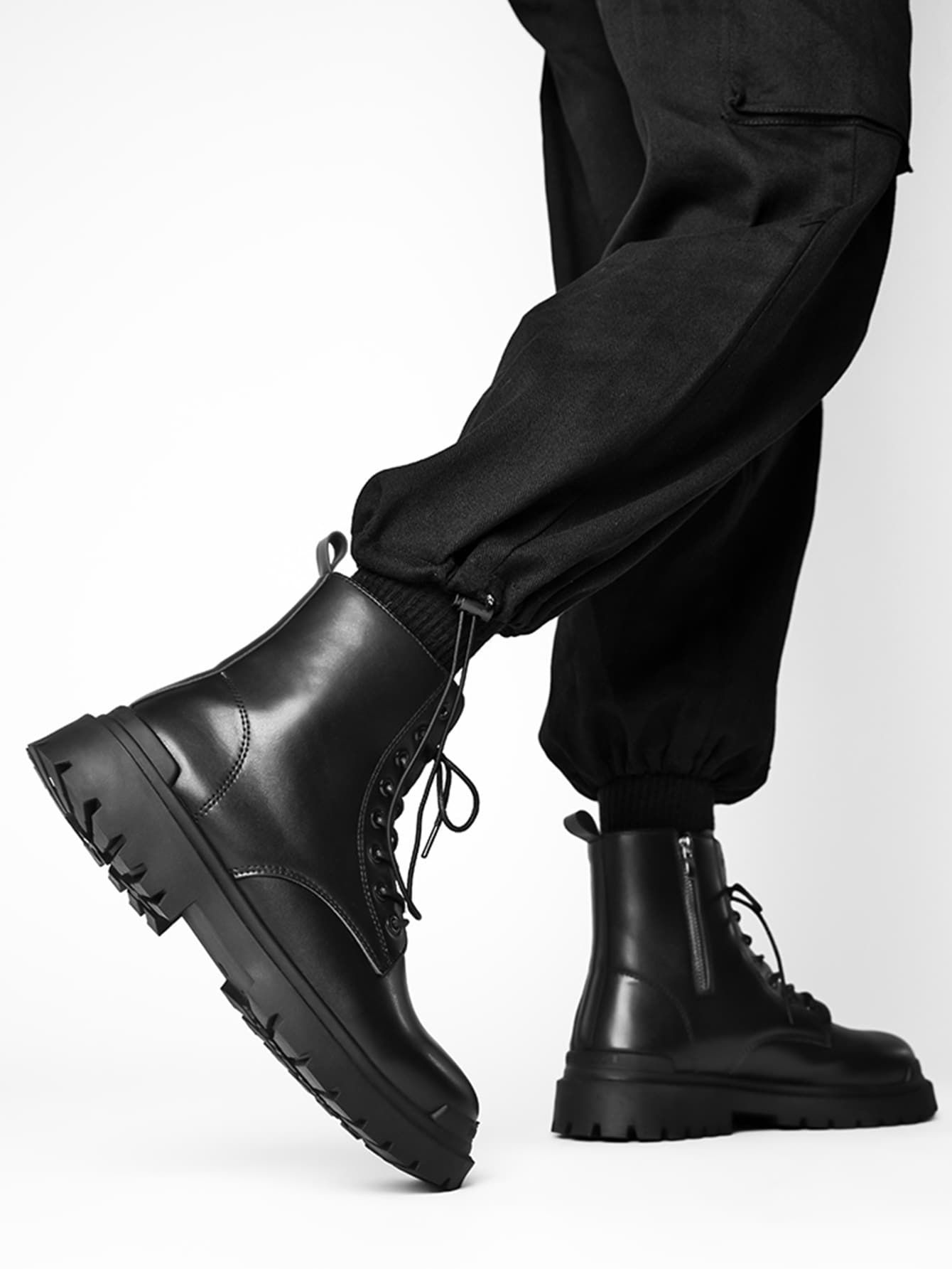 Men's Boots Winter High-Top Workwear Shoes Long Tube Motorcycle Leather Boots - Black - View 2