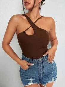 SHEIN BAE 交叉前上衣 - 巧克力棕 - 查看 4