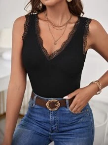 SHEIN Frenchy Áo liền quần ôm nữ Lộ Lưng Nút Tương phản ren Sò điệp Gân đan màu trơn Gợi cảm - màu đen - Xem 2