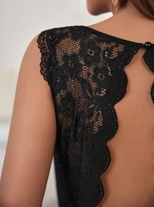 SHEIN Frenchy Áo liền quần ôm nữ Lộ Lưng Nút Tương phản ren Sò điệp Gân đan màu trơn Gợi cảm - màu đen - Xem 6