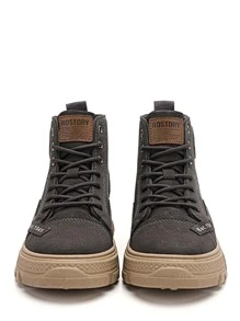 Men Letter Patch Decor Lace-up Front Combat Boots - Khaki - View 4