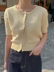 DAZY Puff Sleeve Button Front Cardigan - Apricot - View 1