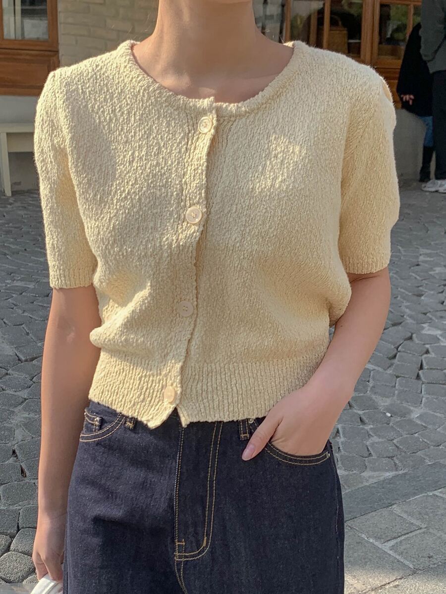 DAZY Puff Sleeve Button Front Cardigan - Apricot - View 1