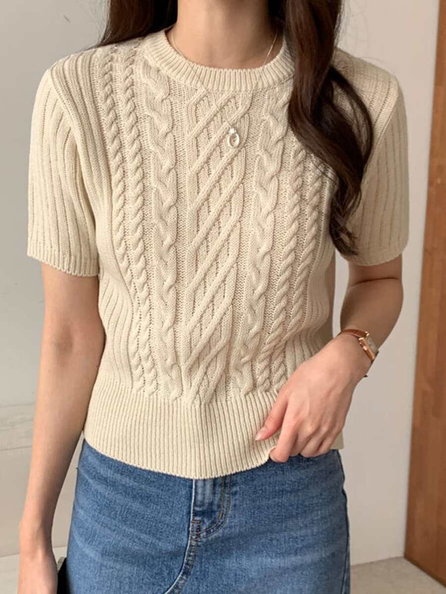 DAZY Round Neck Cable Knit Top - Apricot - View 1