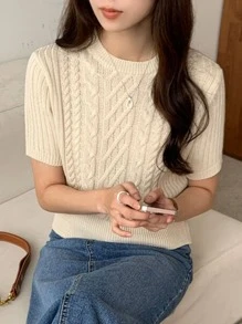 DAZY Round Neck Cable Knit Top - Apricot - View 2