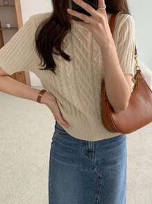 DAZY Round Neck Cable Knit Top - Apricot - View 3