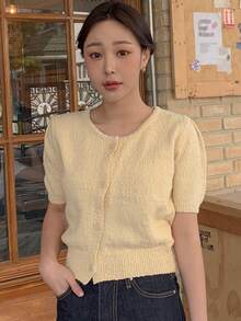 DAZY Puff Sleeve Button Front Cardigan - Apricot - View 5