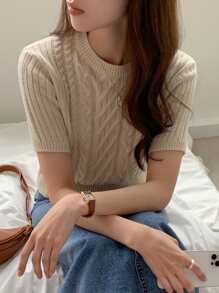 DAZY Round Neck Cable Knit Top - Apricot - View 4