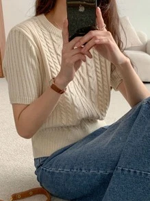 DAZY Round Neck Cable Knit Top - Apricot - View 5