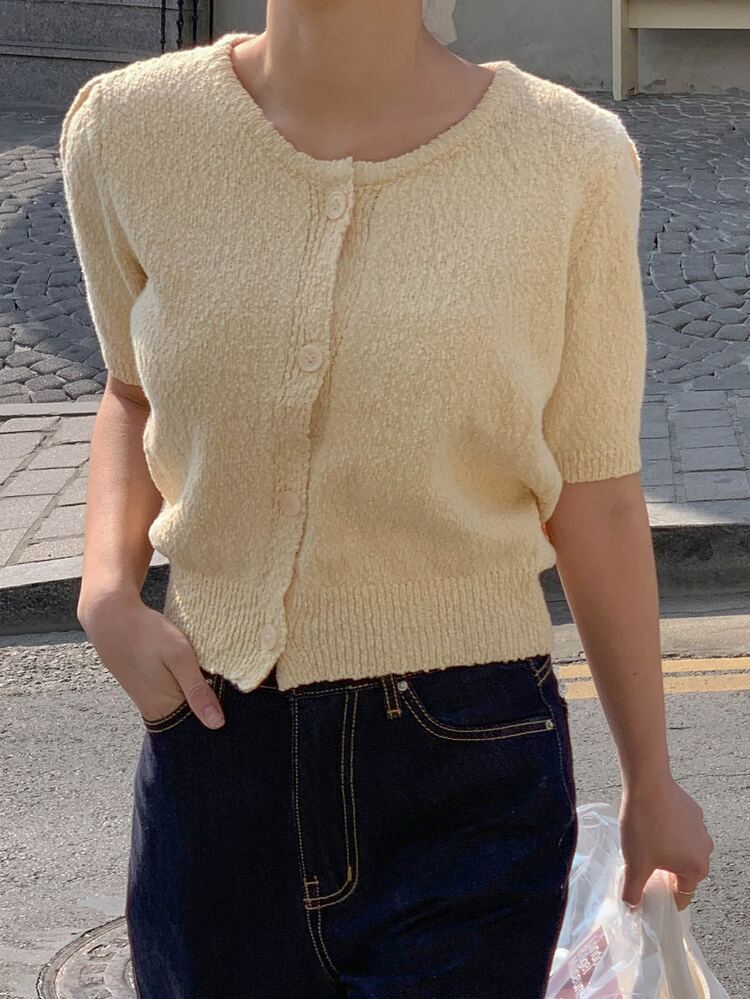 DAZY Puff Sleeve Button Front Cardigan - Apricot - View 7