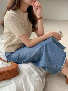 DAZY Round Neck Cable Knit Top - Apricot - View 6