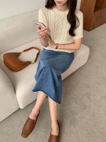 DAZY Round Neck Cable Knit Top - Apricot - View 8