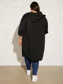 SHEIN CURVE+ Plus Drop Shoulder Drawstring Hooded Coat - Black - View 2