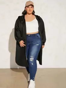 SHEIN CURVE+ Plus Drop Shoulder Drawstring Hooded Coat - Black - View 3