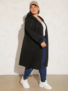 SHEIN CURVE+ Plus Drop Shoulder Drawstring Hooded Coat - Black - View 4