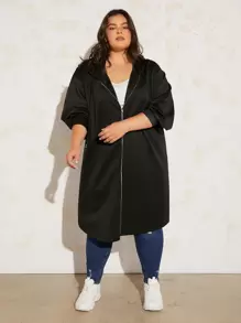 SHEIN CURVE+ Plus Drop Shoulder Drawstring Hooded Coat - Black - View 5