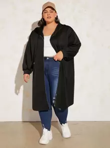 SHEIN CURVE+ Plus Drop Shoulder Drawstring Hooded Coat - Black - View 6