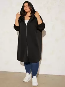 SHEIN CURVE+ Plus Drop Shoulder Drawstring Hooded Coat - Black - View 7