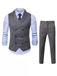 Manfinity Mode Bộ đồ nam Nút đôi Sọc ca rô Công việc - Màu xám đen - Xem 1