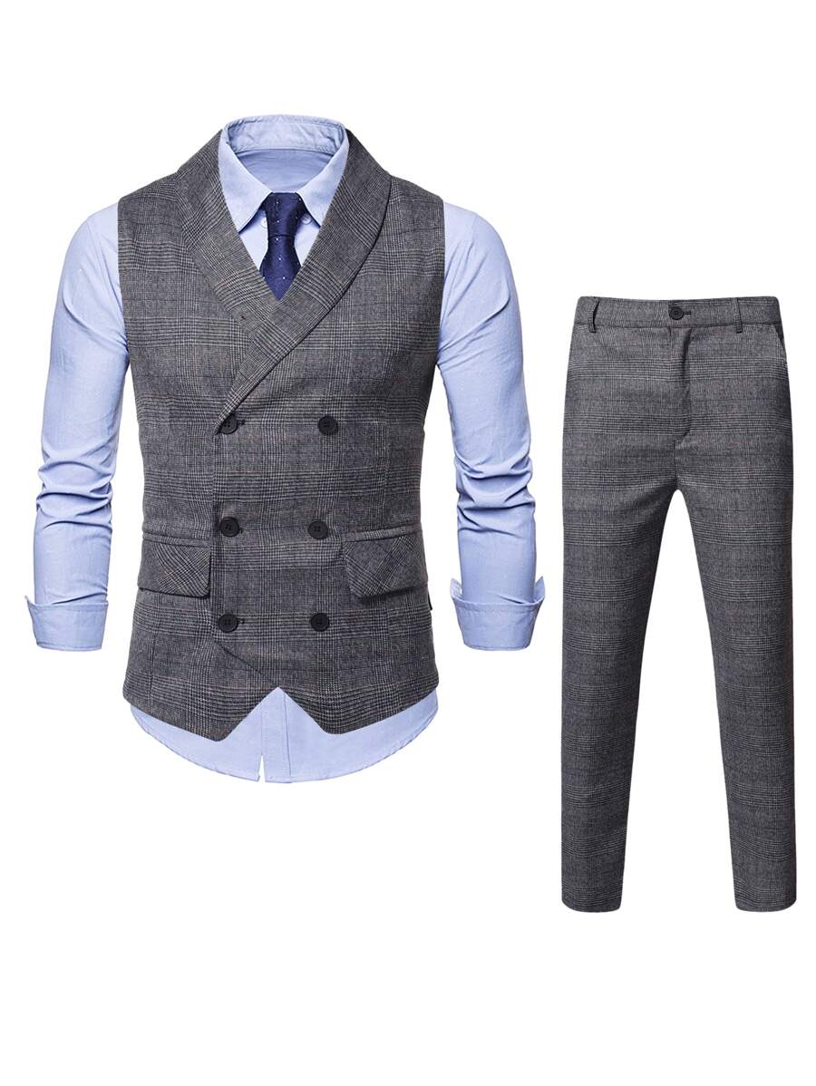 Manfinity Mode Bộ đồ nam Nút đôi Sọc ca rô Công việc - Màu xám đen - Xem 1