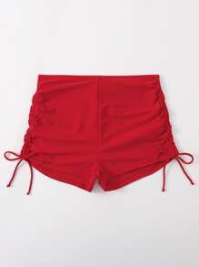 SHEIN Swim 1 件纯色侧抽绳比基尼泳裤，休闲沙滩泳装夏季 - 紅色 - 查看 3