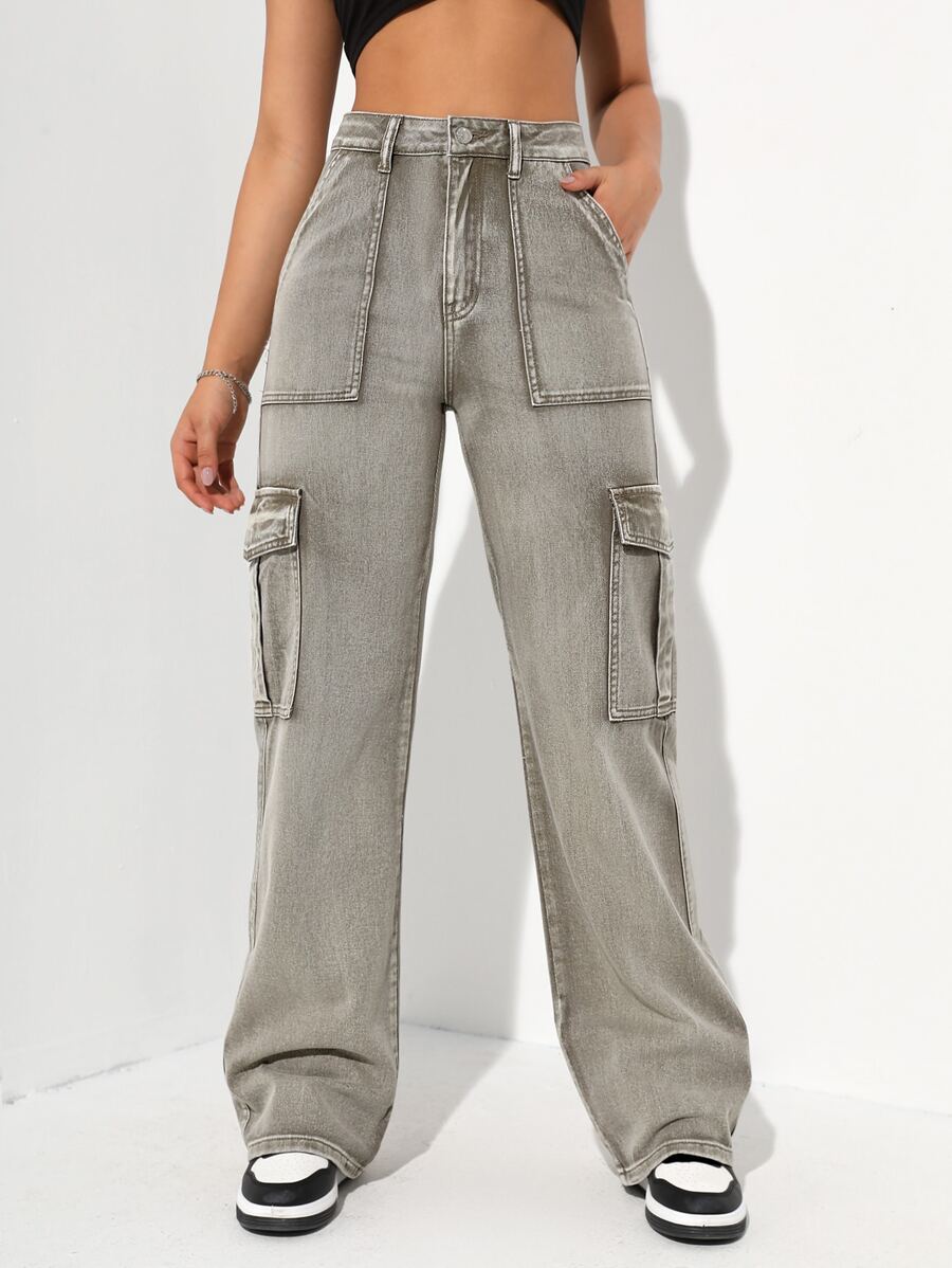 High Waisted Flap Pocket Cargo Jeans - Army Green - View 1