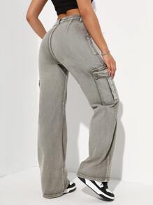 High Waisted Flap Pocket Cargo Jeans - Army Green - View 2