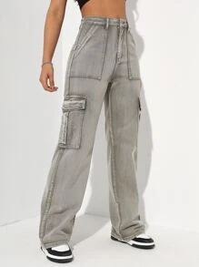 High Waisted Flap Pocket Cargo Jeans - Army Green - View 4