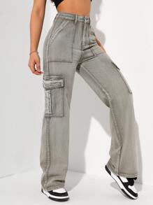 High Waisted Flap Pocket Cargo Jeans - Army Green - View 5