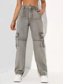 High Waist Flap Pockets Cargo Jeans - Light Grey - View 1